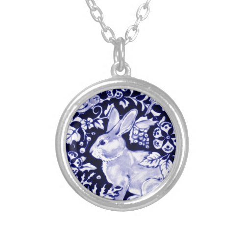 Dedham Blue Rabbit Classic Blue  White Design Silver Plated Necklace