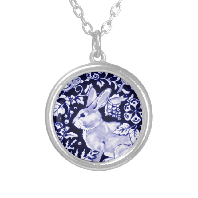 Dedham Blue Rabbit, Classic Blue & White Design Silver Plated Necklace (Front)