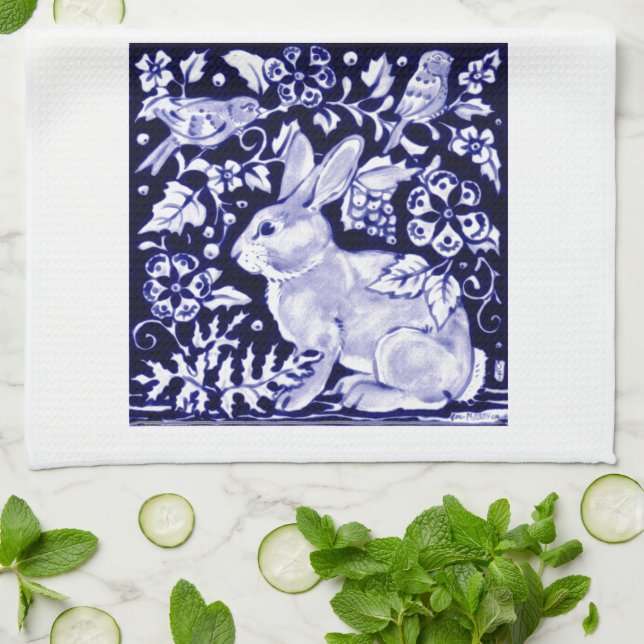 Dedham Blue Rabbit, Classic Blue & White Design Towel (Folded)