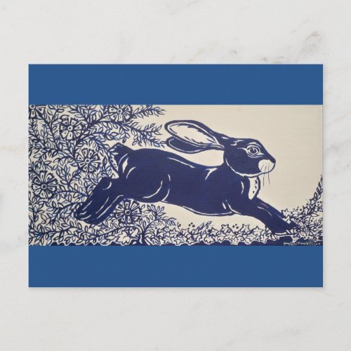 Dedham Blue Rabbit Vintage Blue  White Design Postcard