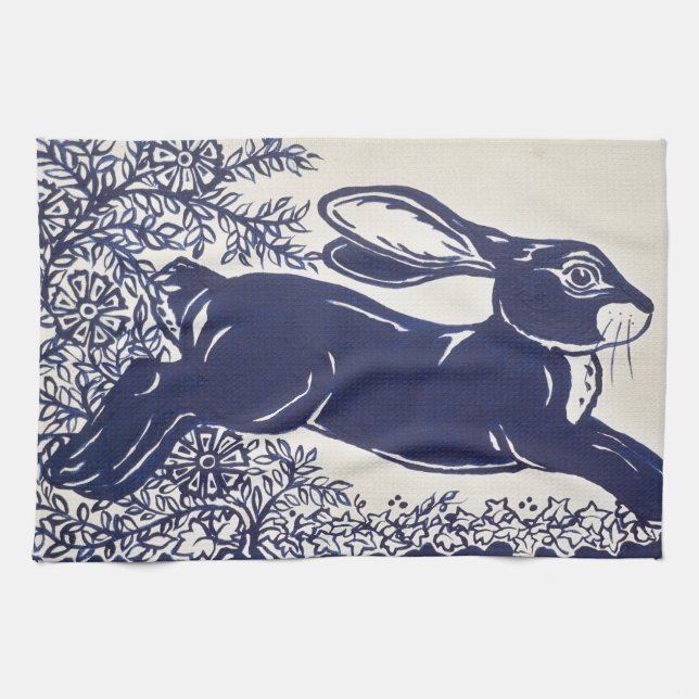 Dedham Blue Rabbit, Vintage Blue & White Design Towel (Horizontal)