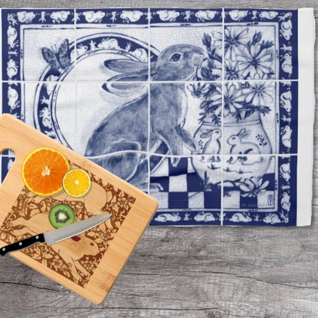Dedham Blue White Cute Bunny Rabbit Rustic  Kitchen Towel (Creator Uploaded)
