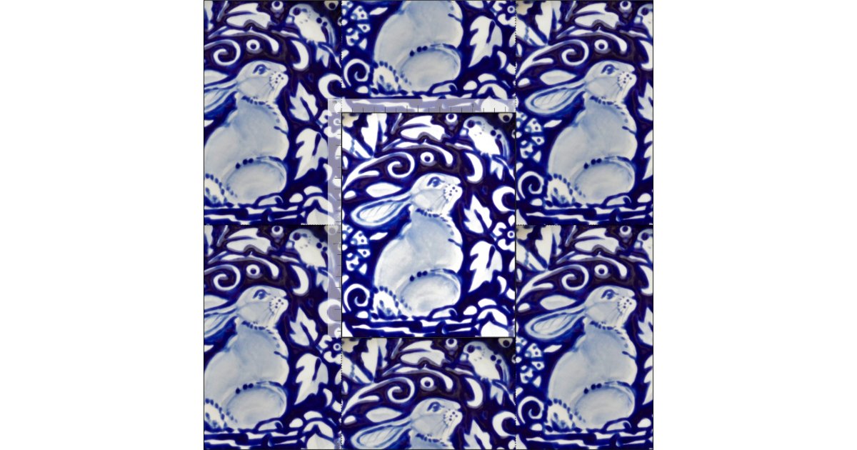 Dedham Blue & White Rabbit, Bird Designer Fabric | Zazzle