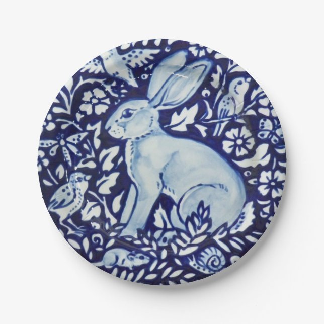 Dedham Cobalt Blue White Rabbit Garden Paper Plate (Front)