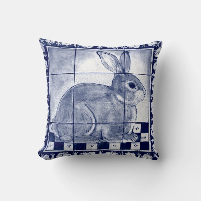 Dedham Rabbit Blue White Bunny Delft Tile Mural  Throw Pillow (Front)