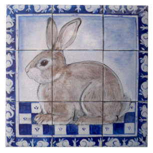 Dedham Rabbit Bunny Blue Vintage Mural Art Ceramic Tile