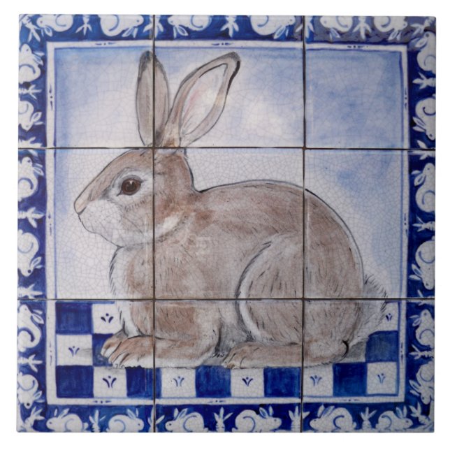Dedham Rabbit Bunny Blue Vintage Mural Art Ceramic Tile (Front)