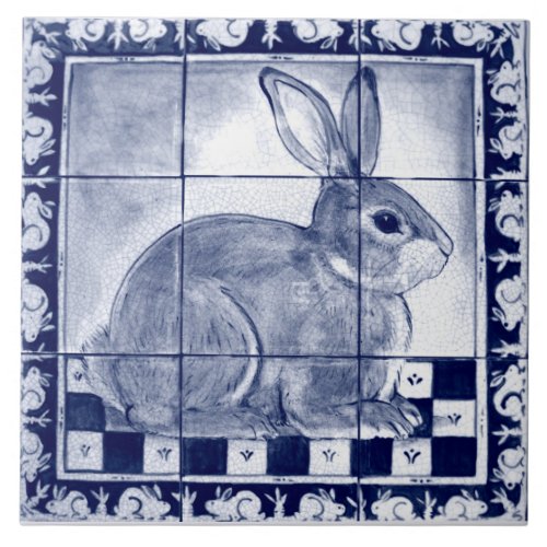 Dedham Rabbit Bunny Blue Vintage Mural Art Ceramic Tile