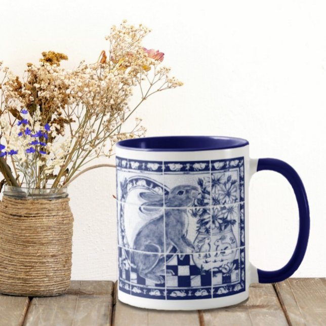 Dedham Rabbit Bunny Dark Blue White Cute Tile Art Mug (Creator Uploaded)