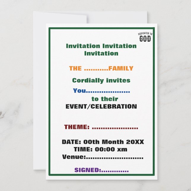 DEDICATED TO GOD COOL CUSTOMIZABLE BLACK TEXT INVITATION (Front)