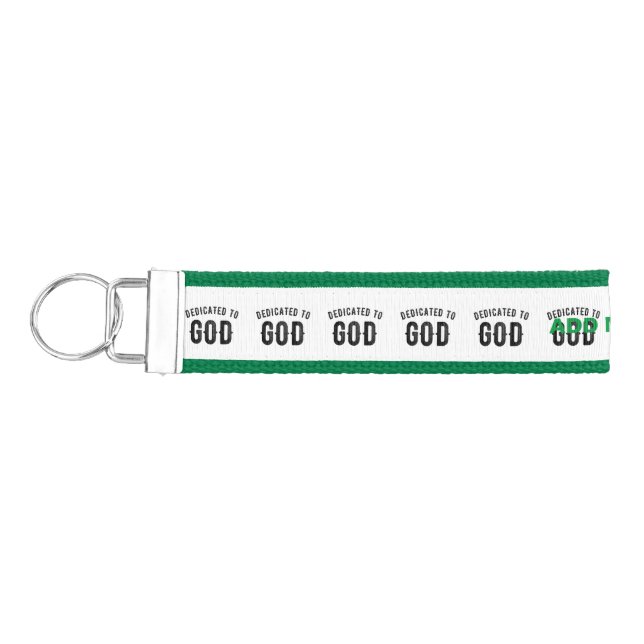 DEDICATED TO GOD COOL CUSTOMIZABLE BLACK TEXT WRIST KEYCHAIN (Keys on Left)