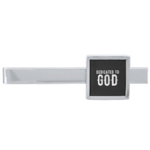 DEDICATED TO GOD COOL CUSTOMIZABLE WHITE TEXT SILVER FINISH TIE BAR