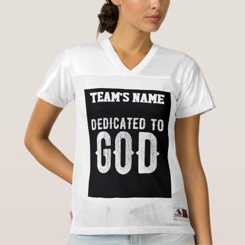 DEDICATED TO GOD COOL CUSTOMIZABLE WHITE TEXT WOMENS FOOTBALL JERSEY