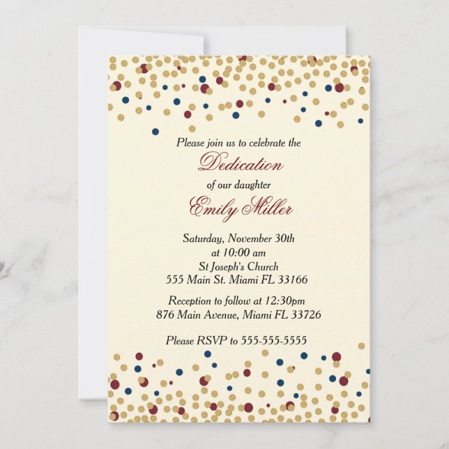 Dedication invitation confetti gold blue red (Front)