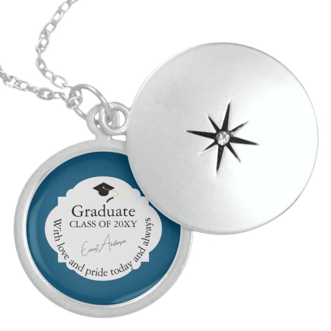 Dedicatory Keepsake Blue Elegant Modern Graduation Locket Necklace (Front)