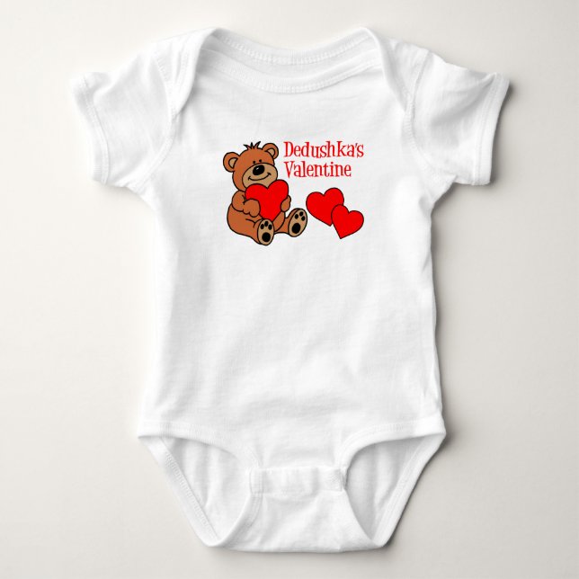 Dedushka's Valentine Cartoon Bear And Hearts Baby Bodysuit (Front)