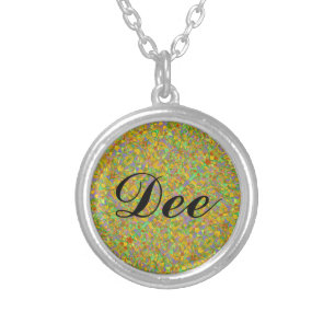 Dee name cursive with abstract art background silver plated necklace