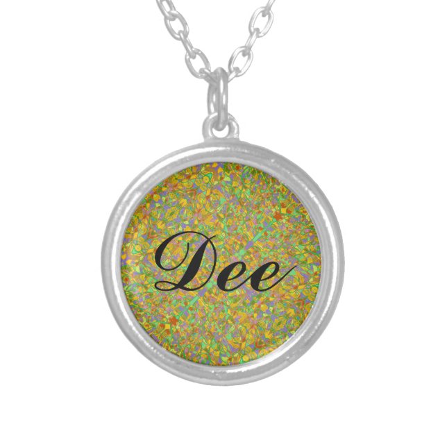 Dee name cursive with abstract art background silver plated necklace (Front)