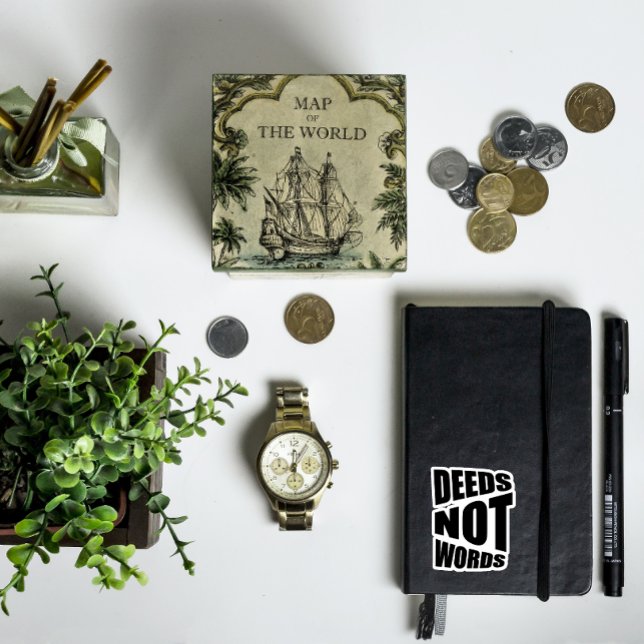Deeds not words inspirational white black sticker (Creator Uploaded)