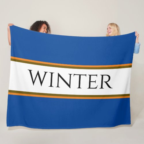 Deep Alpine Blue White Orange WINTER Stripes Text Fleece Blanket