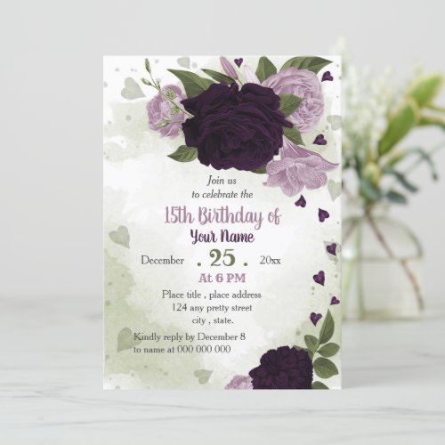 deep and light purple flowers greenery  invitation