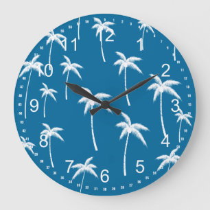 Deep Aqua and White Palm Trees Large Clock