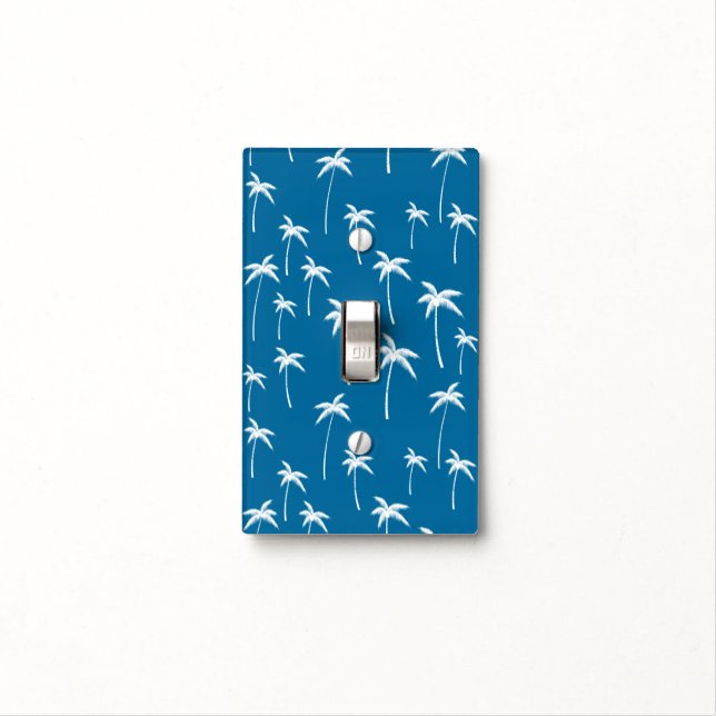 Deep Aqua and White Palm Trees Light Switch Cover (In Situ)