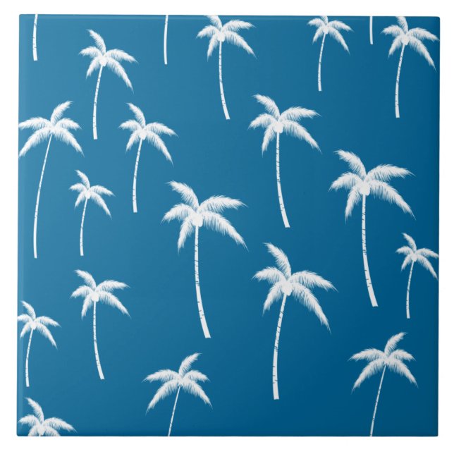 Deep Aqua and White Palm Trees Tile (Front)