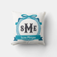 Deep Aqua Blue Greek Key Bow Monogram