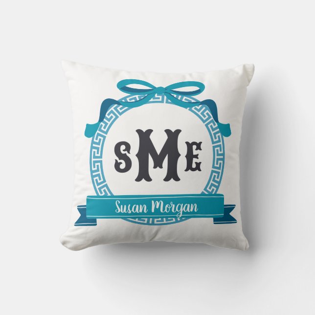 Deep Aqua Blue Greek Key Bow Monogram Throw Pillow (Front)
