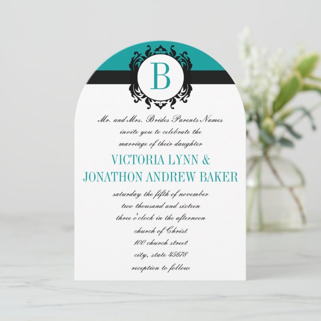 Deep Aqua Damask Monogram Wedding Invite (Standing Front)