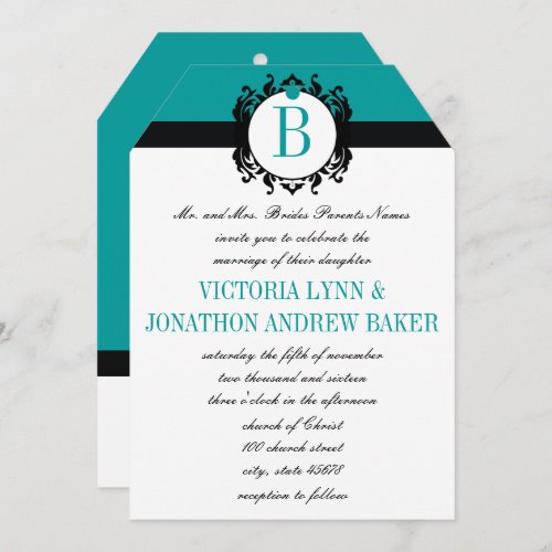 Deep Aqua Damask Monogram Wedding Invite