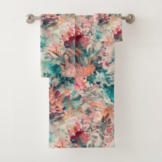 Deep Aqua, Peach, Mauve Floral Abstract