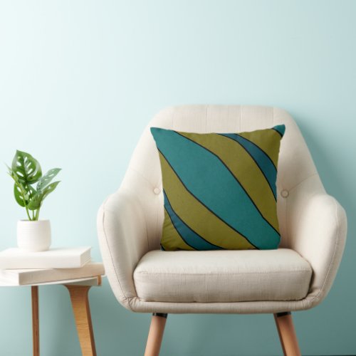 Deep Aqua Turquoise and Olive Green Modern Stripe Throw Pillow