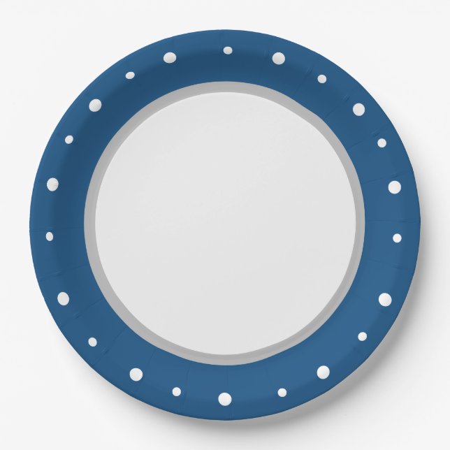 Deep Azure Blue Geometric White Polka Dots Paper Plates (Front)