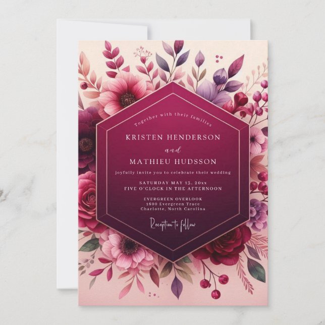 Deep Berry Floral Romantic Wedding Invitation (Front)