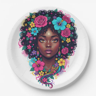 Deep Black Girl With Bright Flower Crown Afro Paper Plates