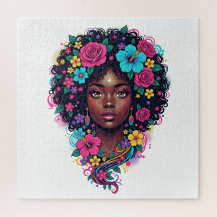 Deep Black Woman W/ Bright Flower Adorned Afro Jigsaw Puzzle