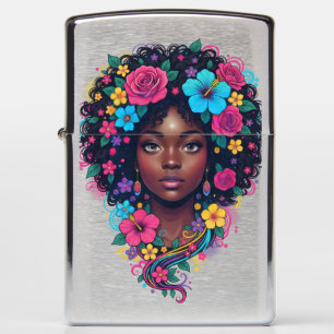 Deep Black Woman With Bright Flower Afro Zippo Lighter