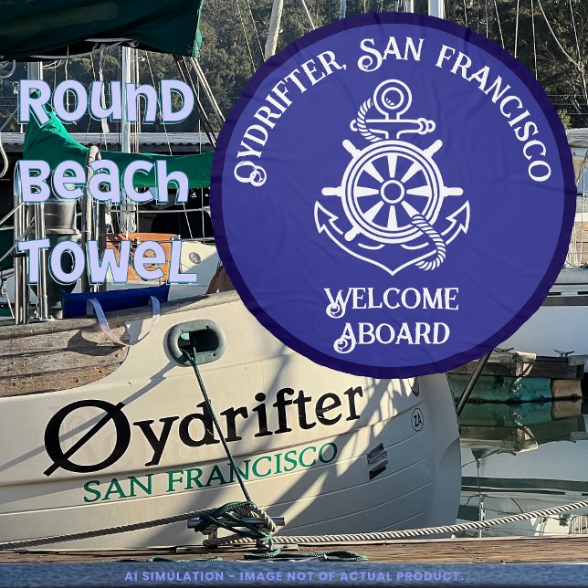 Deep Blue Anchor Rope Ship Wheel Boat Name Welcome Beach Towel (Creator Uploaded)