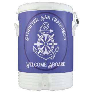 Deep Blue Anchor Rope Ship Wheel Boat Name Welcome Beverage Cooler