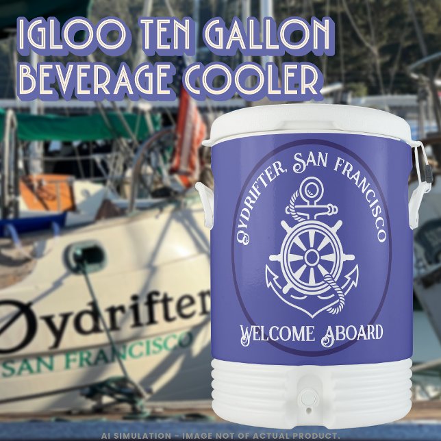 Deep Blue Anchor Rope Ship Wheel Boat Name Welcome Beverage Cooler (Creator Uploaded)