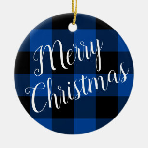 Deep Blue and Black Buffalo Plaid Merry Christmas Ceramic Ornament
