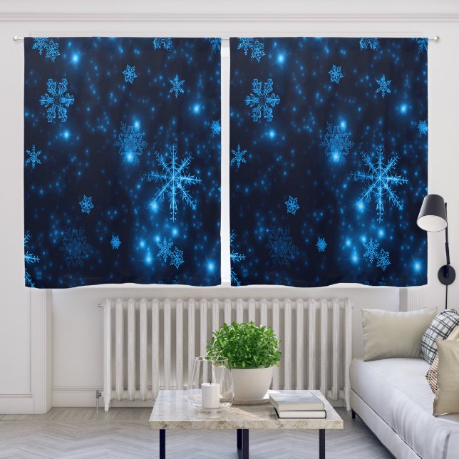 Deep Blue and Bright Snowflakes Winter Holiday Blackout Curtains (Living Room)