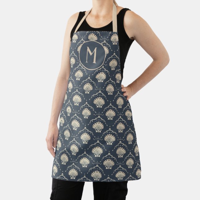 Deep Blue and Cream Seashell Pattern Monogram Apron (Insitu)