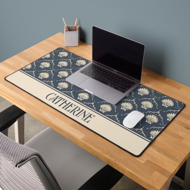 Deep Blue and Cream Seashell Pattern Personalized Desk Mat (Office 2)