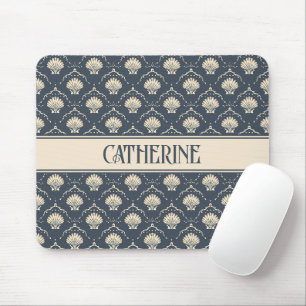 Deep Blue and Cream Seashell Pattern Personalized Mouse Pad