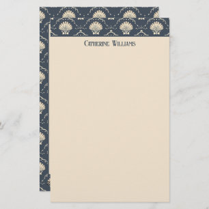 Deep Blue and Cream Seashell Pattern Personalized Stationery