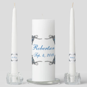 Deep Blue and Faux Silver Filigree Butterflies Unity Candle Set