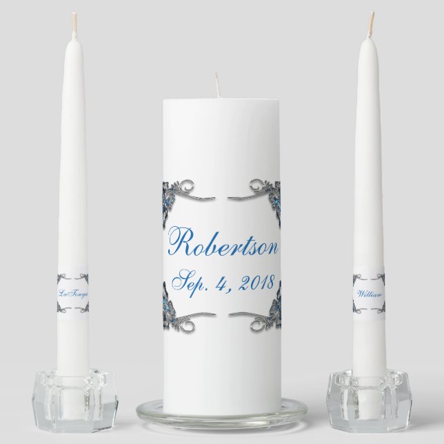 Deep Blue and Faux Silver Filigree Butterflies Unity Candle Set (Front)